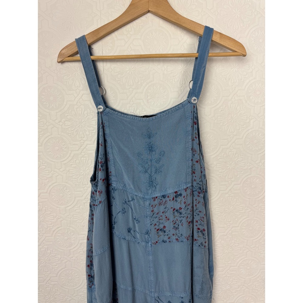 Papillon Blue Patchwork Boho Jumpsuit Floral Embroidered Artsy Overalls Medium - Picture 3 of 9